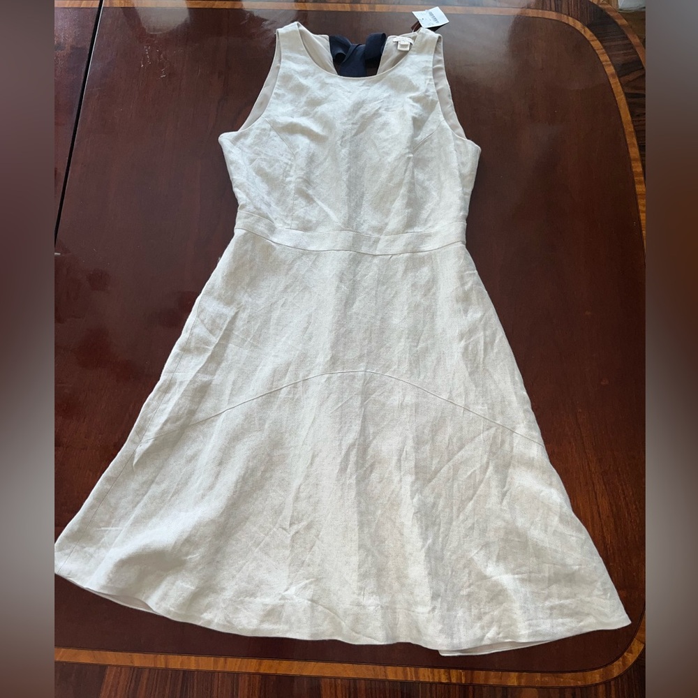 J Crew khaki tan navy ribbon tie linen dress 6 sleeveless new nwt